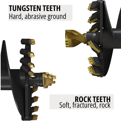 Tungsten auger teeth for hard abrasive ground and rock auger teeth for soft fractured rock.